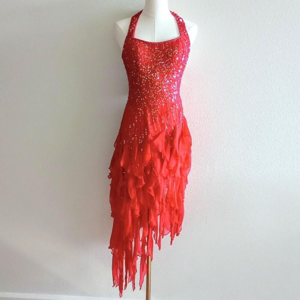 Y2K Red Beaded Sequin Halter Fairy Prom Dress